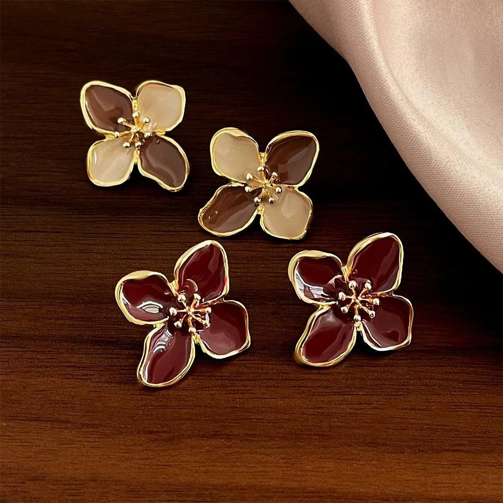 French Vintage Burgundy Enamel Flower Stud Earrings 14K Gold Plated Copper Fashion Jewelry