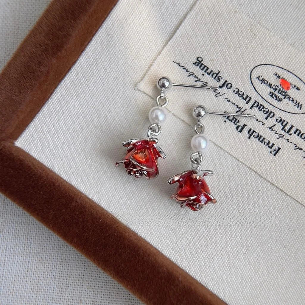 French Vintage Enamel Rose Flower Copper Drop Earrings