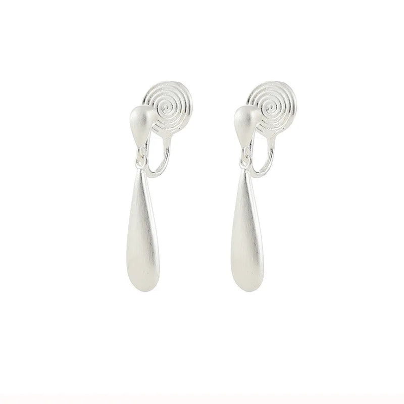 Vintage Silver Alloy Teardrop Spiral Disc Stud & Clip On No Piercing Office Dangle Earrings