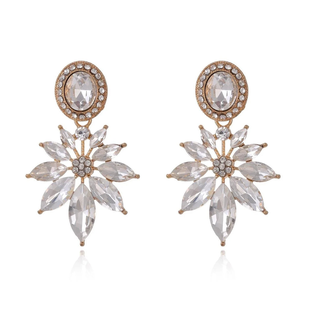 Luxury Vintage Alloy Rhinestone Crystal Flower Stud Earrings For Women Wedding Party Banquet Gift