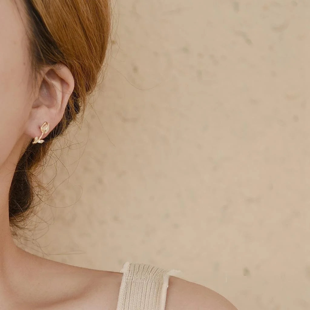 14K Plated Copper Tulip Cat Eye Glass Zircon Drop Earrings Korean Japanese Minimalist Jewelry