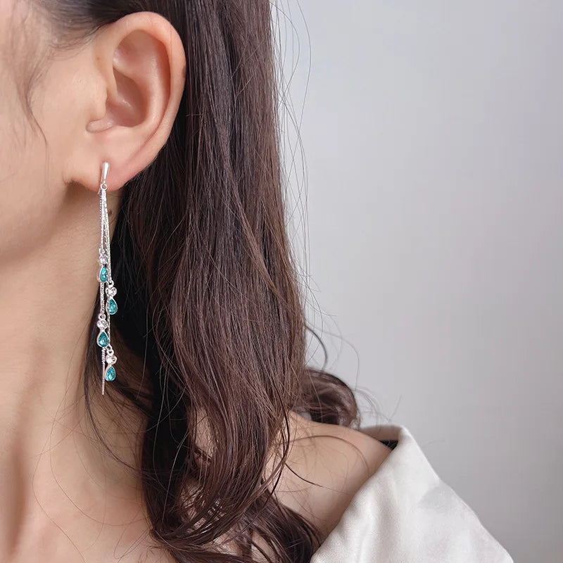 Elegant Blue Crystal Water Drop Long Tassel Threader Stud & Clip On No Piercing Alloy Earrings