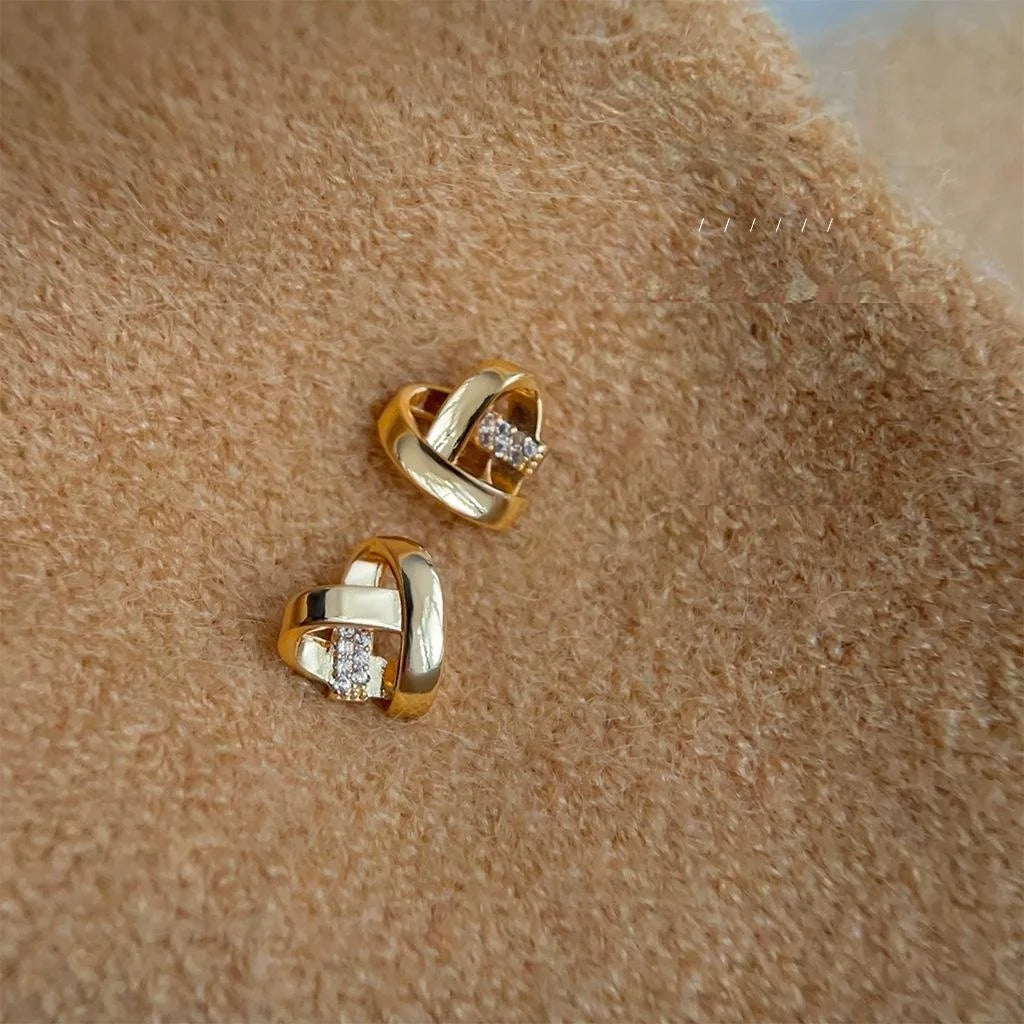 French Vintage Micro Pave Zircon Braided Heart Copper Stud Earrings With Silver Plated Pins