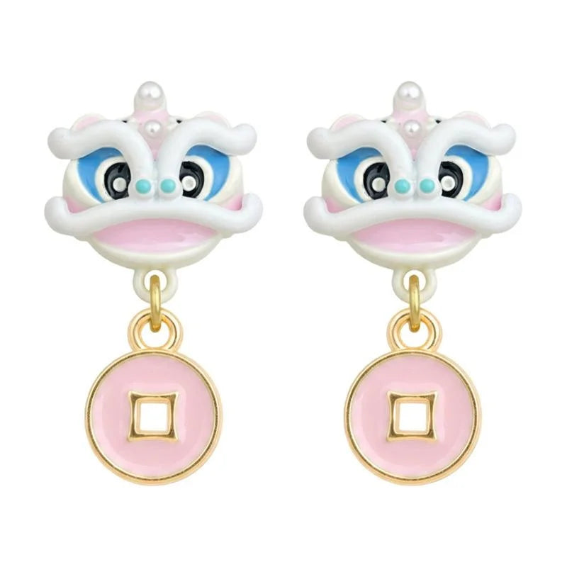 Pink Enamel Lion Dance Drop Earrings, Copper Sweet Girl Animal Jewelry