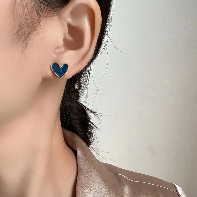 Blue Enamel Heart Alloy Stud & Clip On No Piercing Elegant Gold Tone Love Heart Earrings