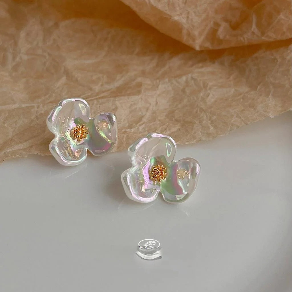 Sweet Iridescent Resin Iris Flower Stud Earrings Gradient Holographic AB Floral Jewelry