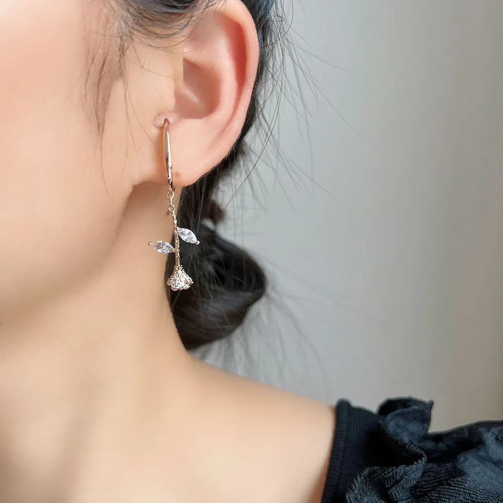 Vintage Rose Flower Zircon Ear Cuff Drop, Elegant Stud & Clip On No Piercing Ear Climber Earrings