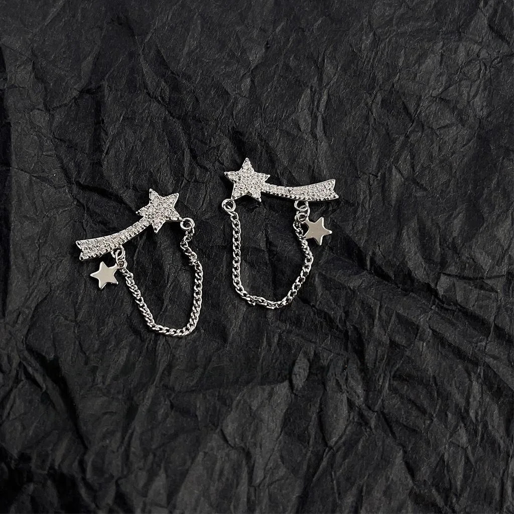 Sweet Cool Star Chain Micro Pave Zircon Copper Stud Earrings With Silver Plated Posts