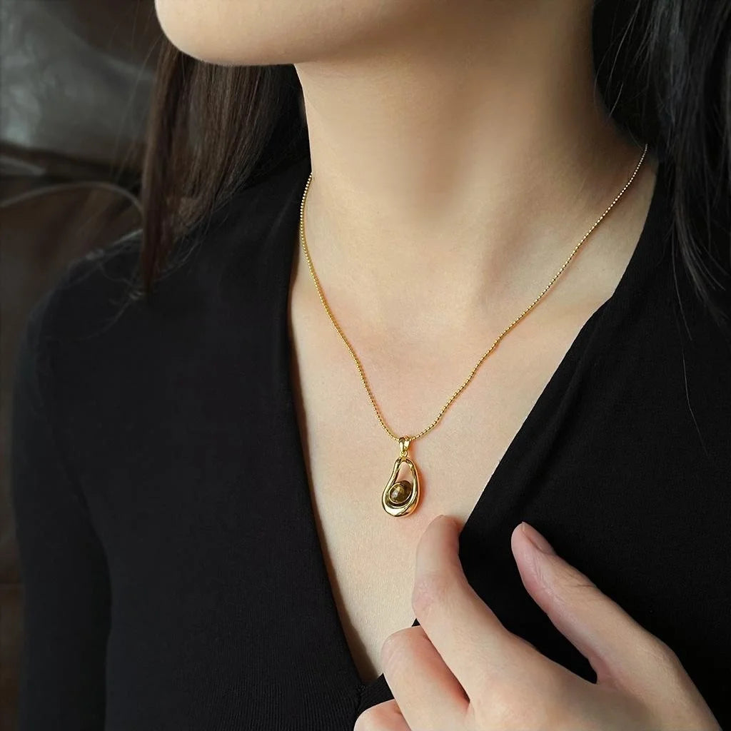 18K Gold Plated Tiger Eye Geometric Round Oval Pendant Necklace Vintage Clavicle Chain