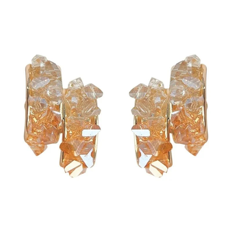 14K Plated Copper Glass Crystal Geometric Semicircle Stud Earrings Sweet Handmade Design