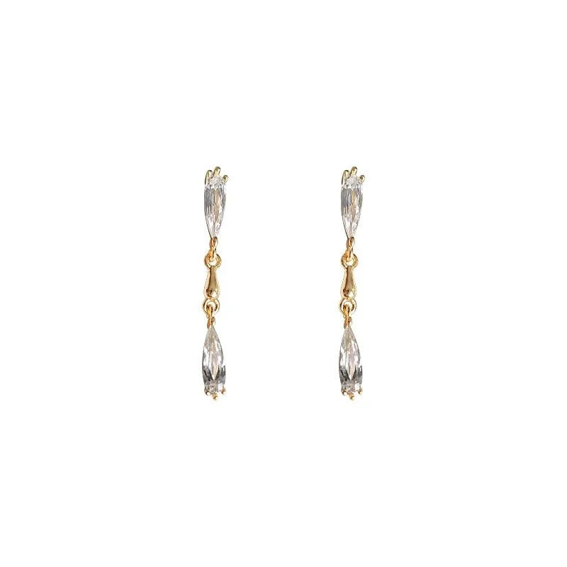14K Plated Copper Zircon Waterdrop Tassel Stud Earrings Sweet Geometric Line Jewelry