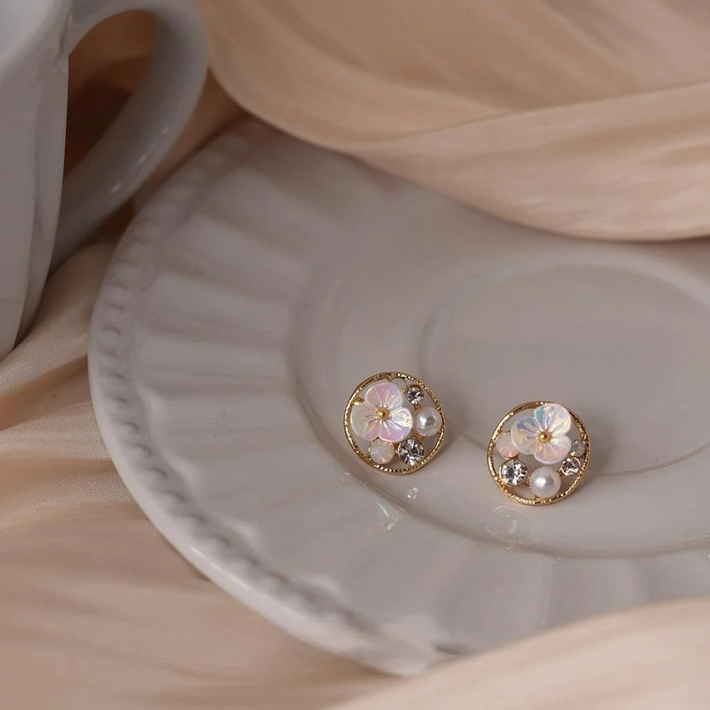 14K Gold Plated Copper Round Flower Drop Earrings Sweet Jewelry For Women