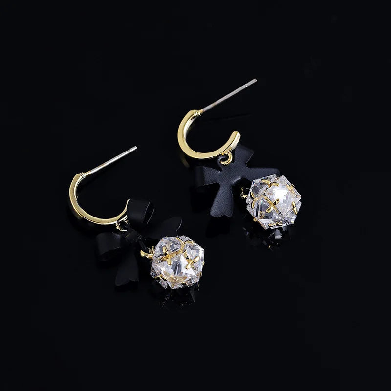 Vintage Black Bow Alloy Zircon Crystal Drop Stud & Clip On No Piercing Luxury Dangle Earrings