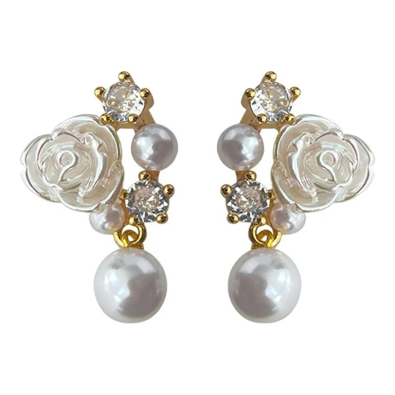 Elegant 14K Plated Micro Pave Zircon Flower Resin Glossy Pearl Drop Earrings