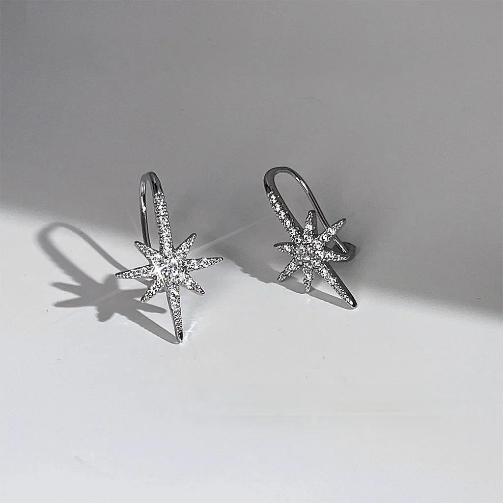 Elegant Eight-Point Star Zircon Micro Pave Copper Real Gold Plated Drop Earrings