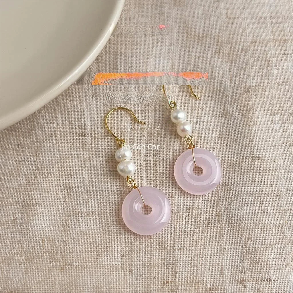 Vintage Court Style Freshwater Pearl Pink Glass Crystal Round Hoop Drop Earrings