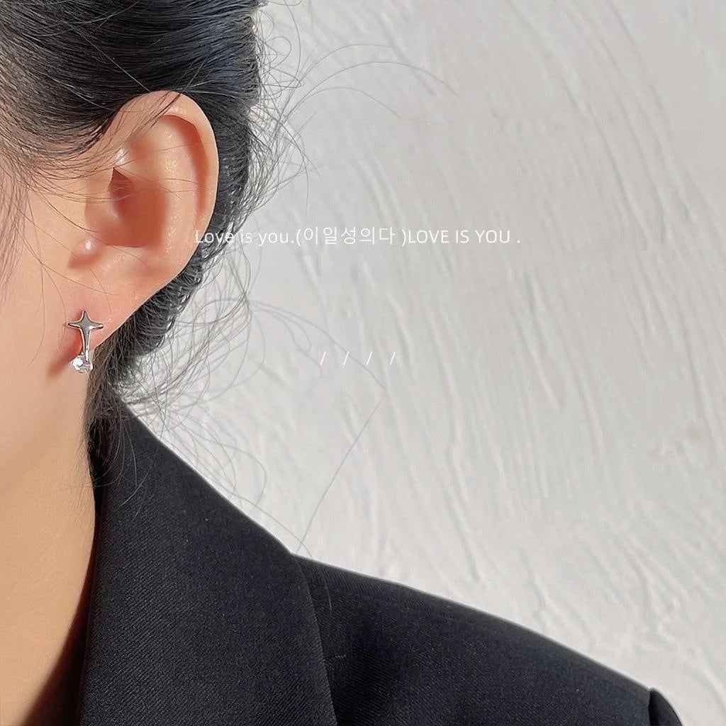 Sweet Cool Silver Tone Copper Star Zircon Planet Design Stud Earrings For Women