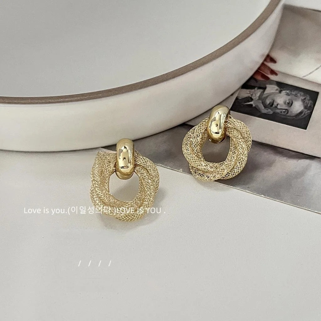 French Luxury Geometric Twist Zircon 14K Plated Copper Stud Earrings For Women