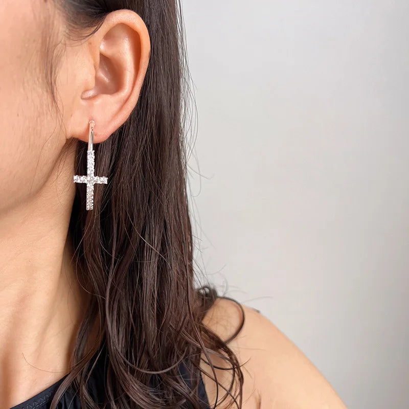 Elegant Silver Tone Alloy Zircon Cross Hoop Stud & Clip On No Piercing Geometric Circle Earrings