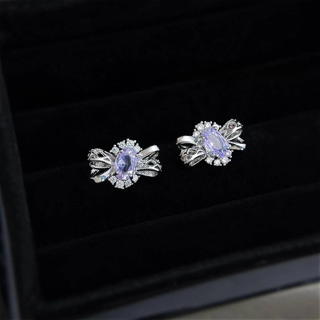 Light Luxury Purple Zircon Hollow 3D Bow Geometric Copper Stud Earrings