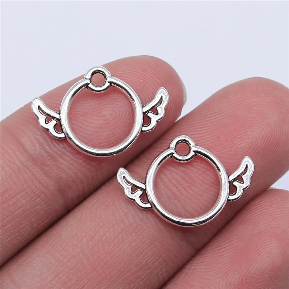 13x19mm 0.55g Antique Silver Zinc Alloy Round Wings Angel Charm Pendant for DIY Jewelry Making