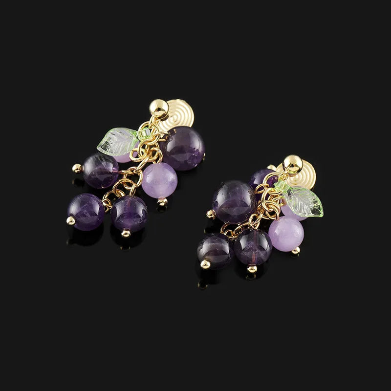 Elegant Purple Grape Cluster Natural Crystal Leaf Stud & Clip On No Piercing Fruit Drop Earrings