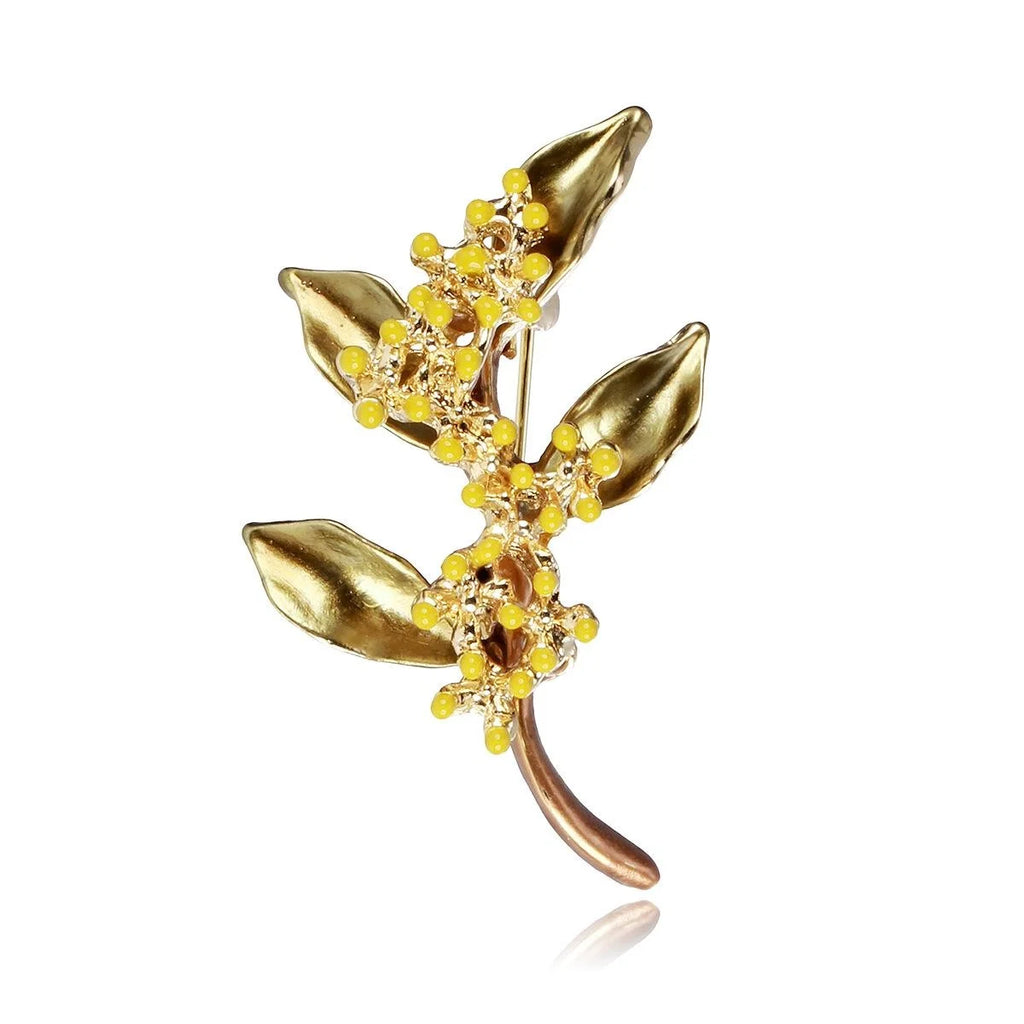 Elegant Osmanthus Flower Enamel Brooch With Gold Alloy Leaves, Women's Lapel Pin Corsage Suit Accessory