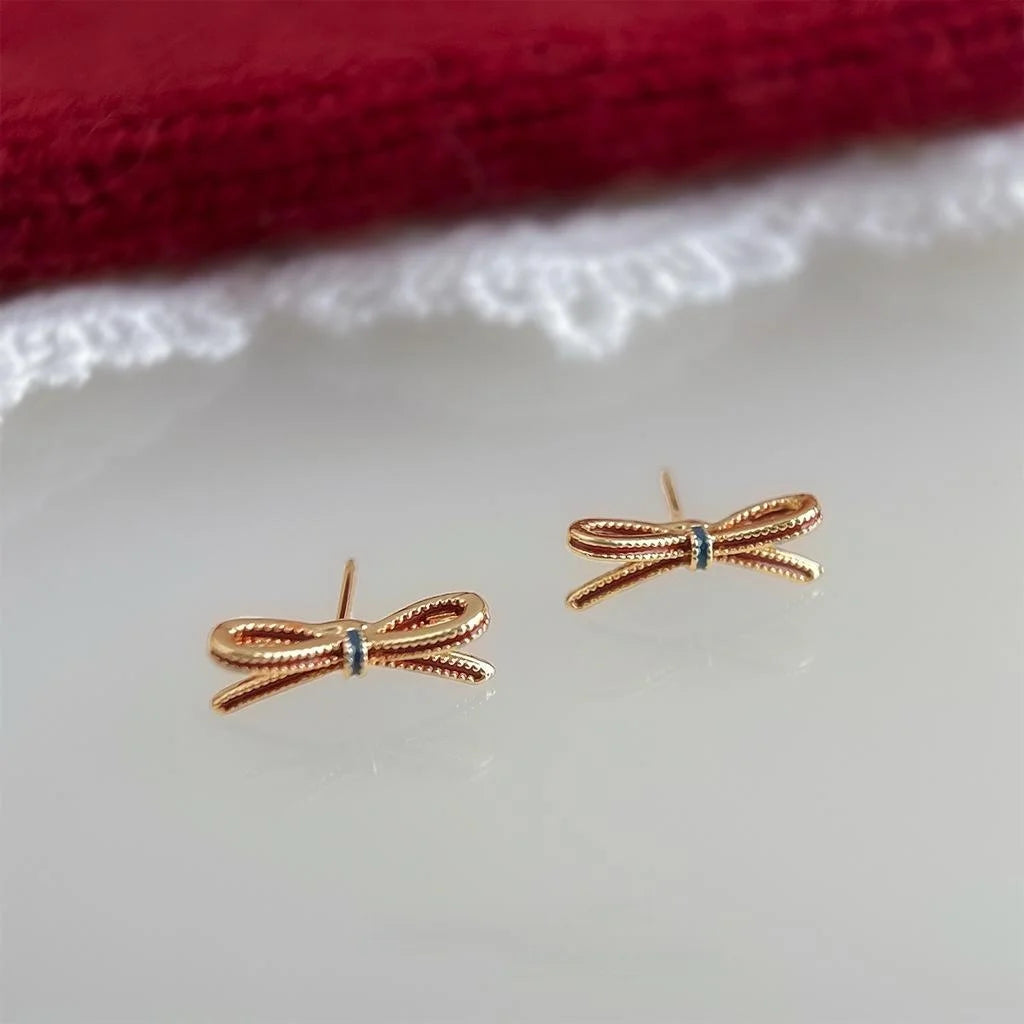 Light Luxury Burgundy Bow Stud Earrings, Copper Enamel Mini Silver Plated Pin Jewelry