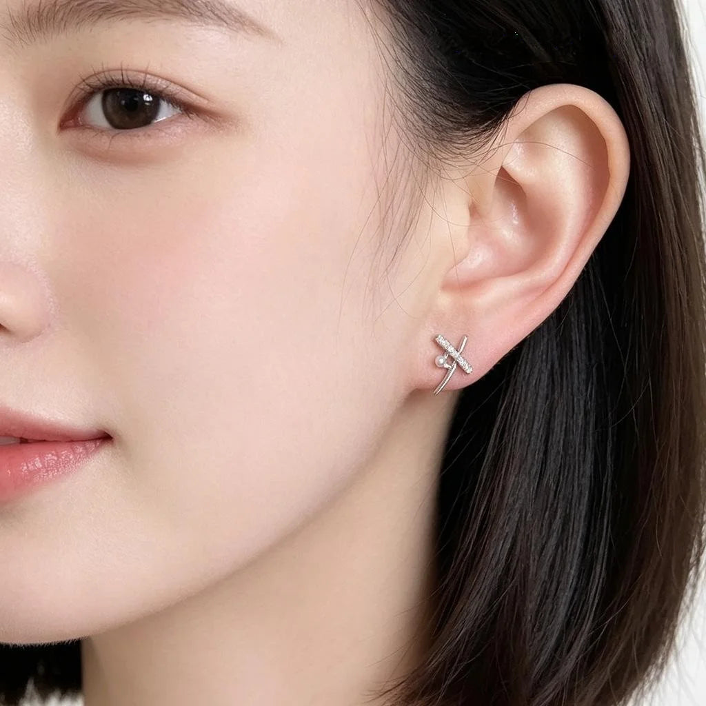 Minimalist Micro Pave Zircon Cross Pearl Line Stud Earrings Eco-Friendly Copper Geometric Design