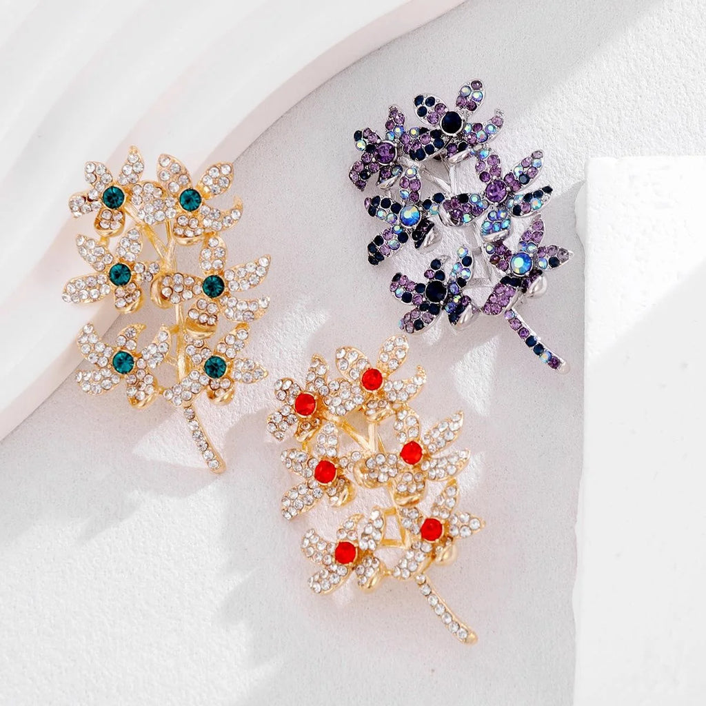 Elegant Rhinestone Six Flower Branch Brooch With Green Zircon Centers, Fresh Floral Lapel Pin Suit Accessory