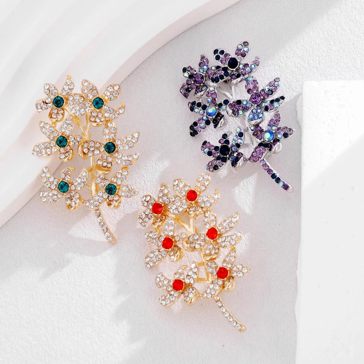 Elegant Rhinestone Six Flower Branch Brooch With Green Zircon Centers, Fresh Floral Lapel Pin Suit Accessory