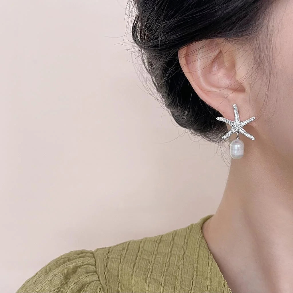 14K Gold Plated Copper Freshwater Pearl Zircon Starfish Drop Earrings Summer Vacation Style