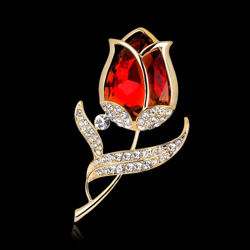 Elegant Red Glass Rose Flower Rhinestone Alloy Brooch Luxury Women's Lapel Pin Corsage Suit Accessory Gift