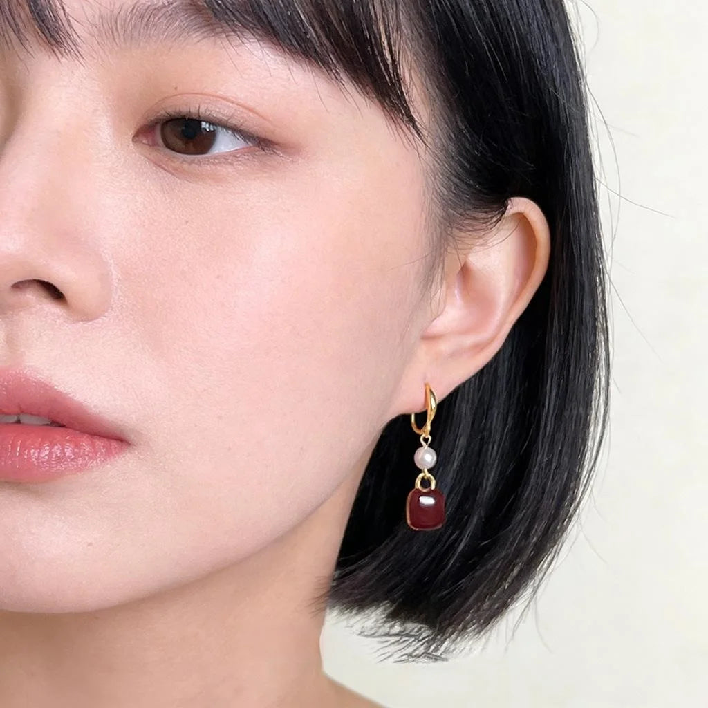 Hong Kong Style Burgundy Enamel Square Geometric Copper Glass Pearl Drop Earrings
