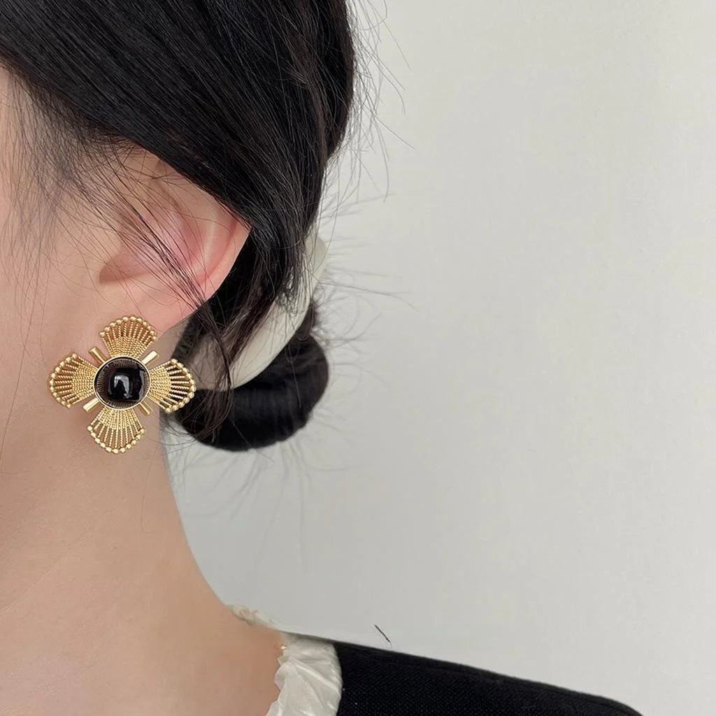 French Vintage Matte Copper Hollow Flower Drop Earrings for Women