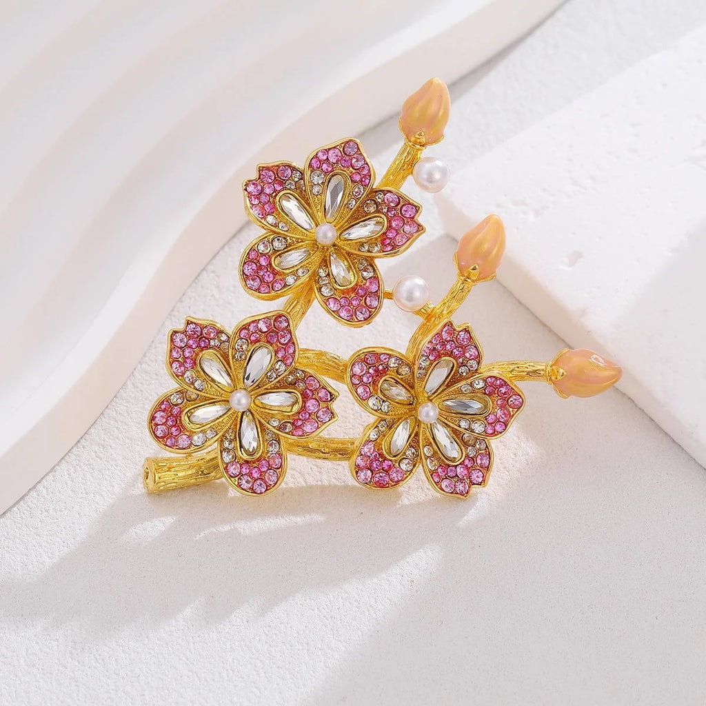 Elegant Peach Blossom Branch Brooch With Pink Rhinestones And Faux Pearls, Gold Alloy Lapel Pin Suit Accessory