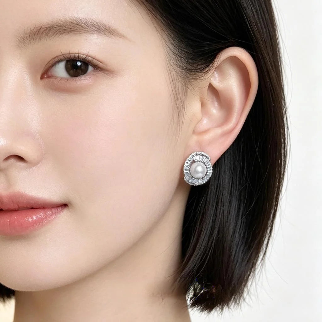 Light Luxury Copper Zirconia Pearl Stud Earrings Geometric Round Design Fashion Commuter Jewelry