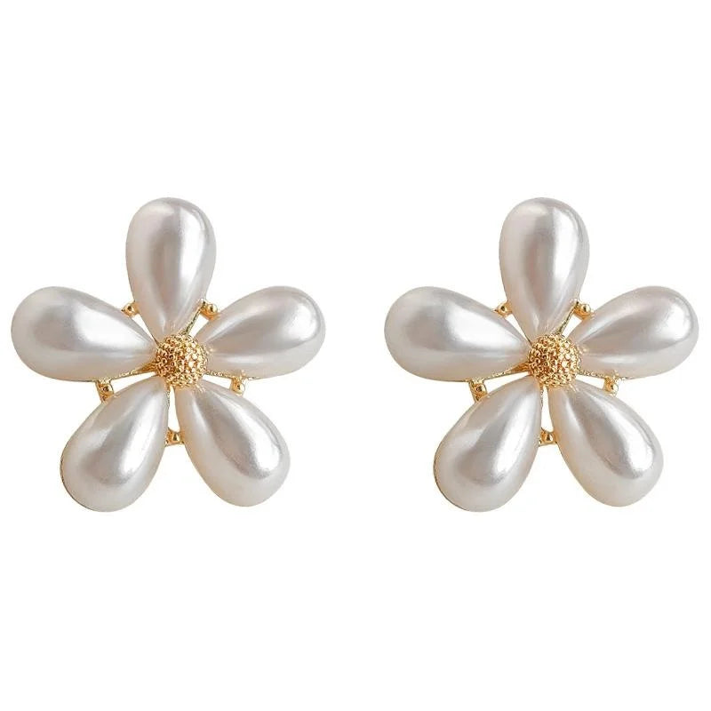 French Vintage Faux Pearl Sunflower Floral Teardrop Stud Earrings