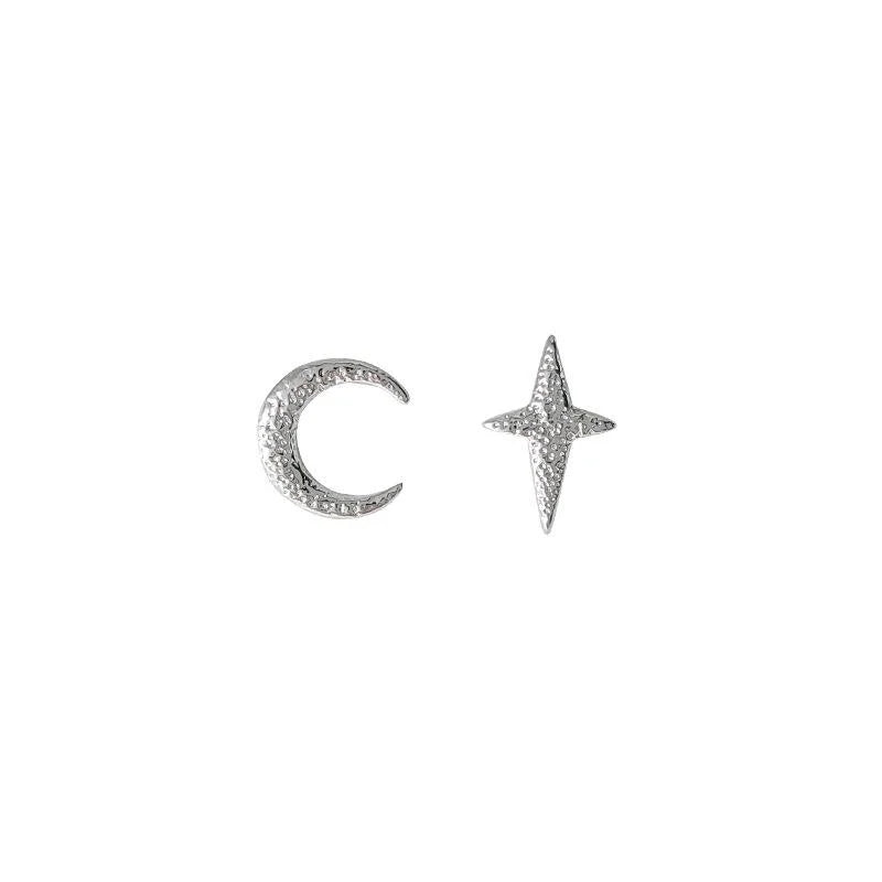 Sandblasted Eco-Friendly Copper Asymmetric Star Moon Stud Earrings Minimalist Style Jewelry