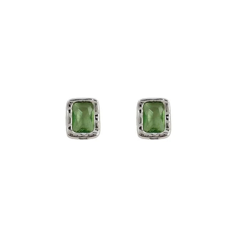 Icy Green Zircon Micro Pave Copper Stud Earrings, Geometric Square Minimalist Luxury Office Jewelry