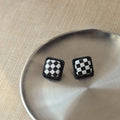 Silver Plated Alloy Stud Earrings Black White Plaid Geometric Round Triangle Minimalist Chic Jewelry