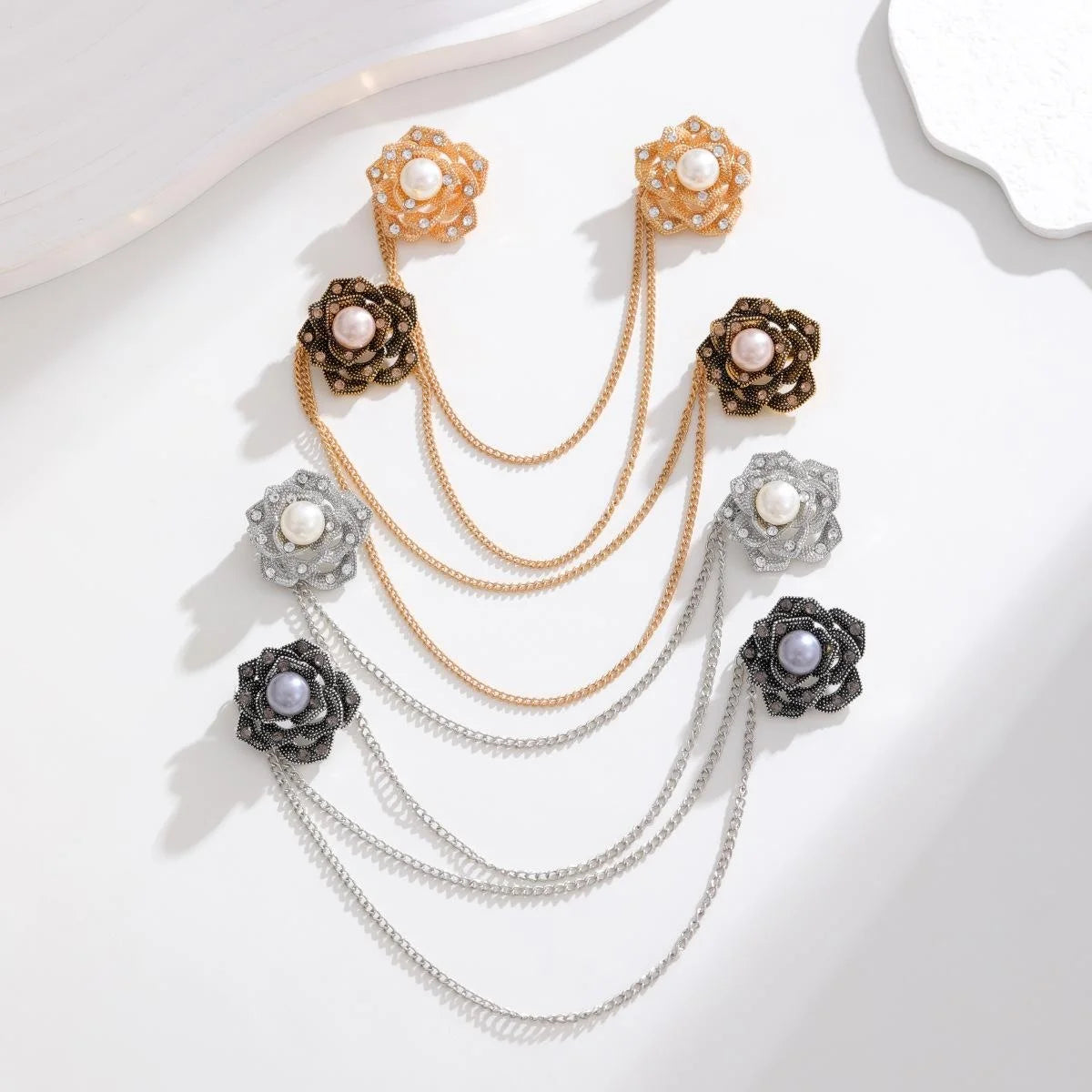 Elegant Korean Camellia Pearl Brooch With Gold Chain And Rhinestone Zircon, Women's Lapel Pin Suit Accessory