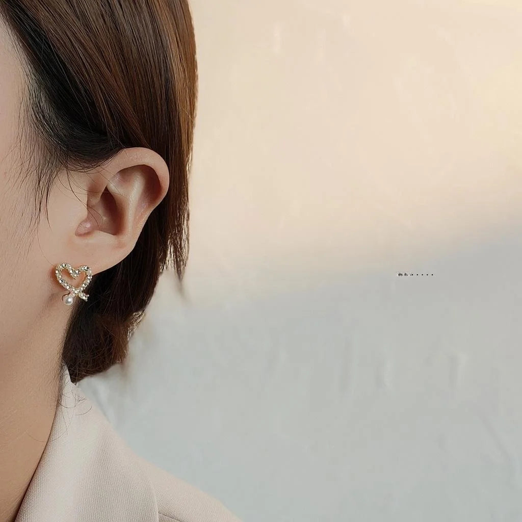 Korean Style 14K Gold Plated Heart Pearl Rhinestone Drop Earrings