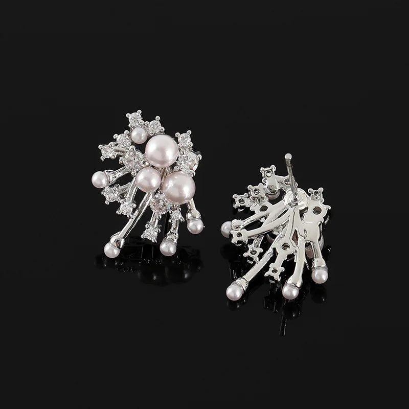 Elegant Firework Starburst Pearl Zircon Alloy Stud & Clip On No Piercing Bridal Party Earrings