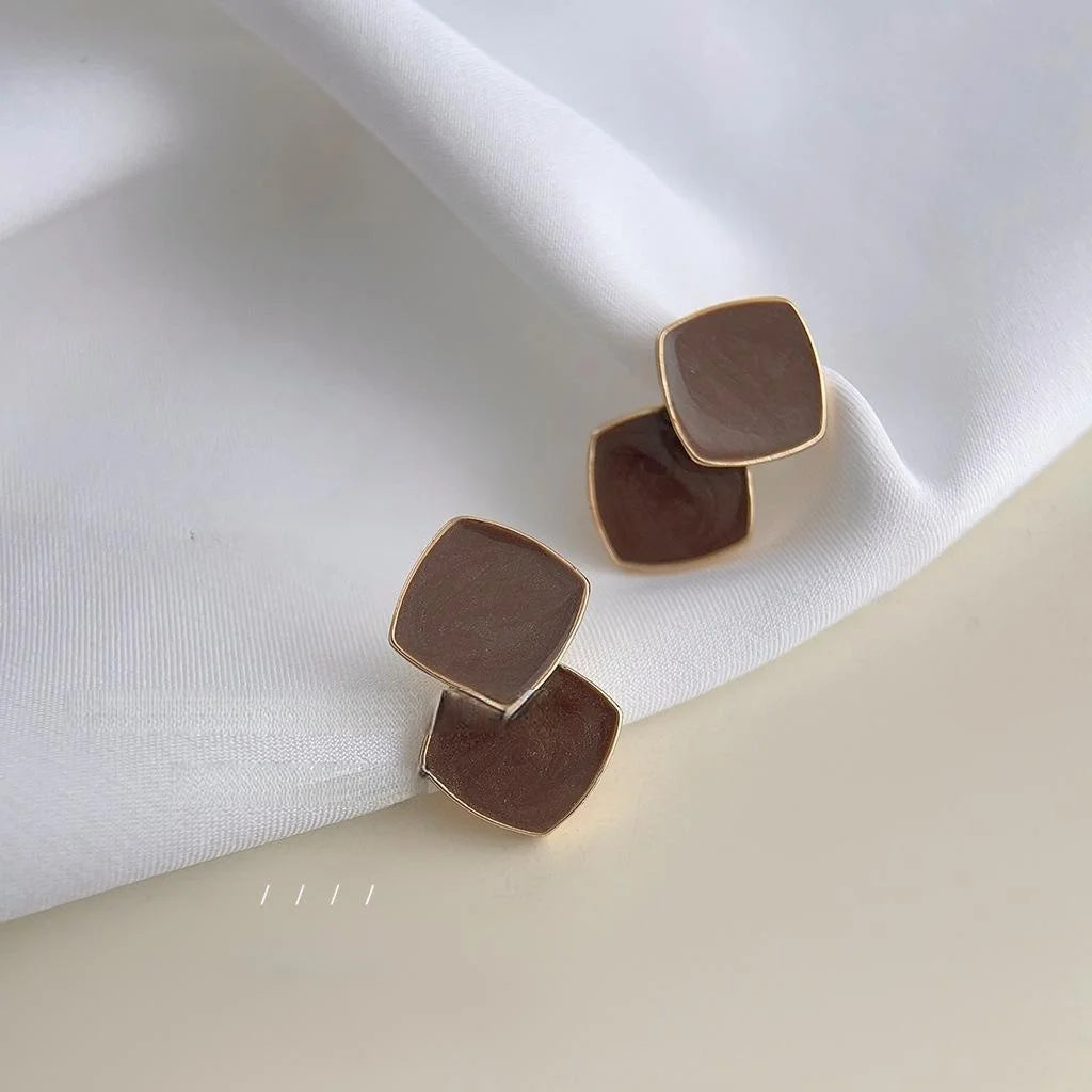 Maillard Brown Geometric Rhombus Drop Earrings Copper French Hong Kong Style