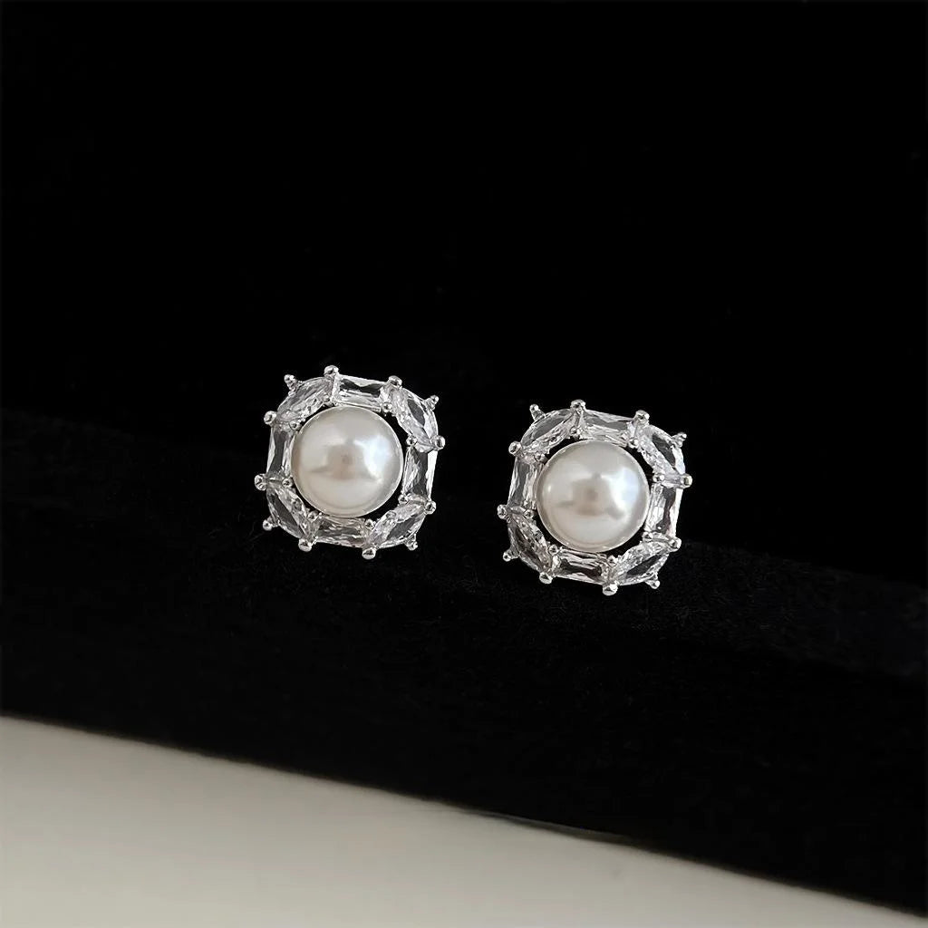 Light Luxury Zircon Pearl Geometric Square Stud Earrings For Women, Silver Plated Commuter Jewelry