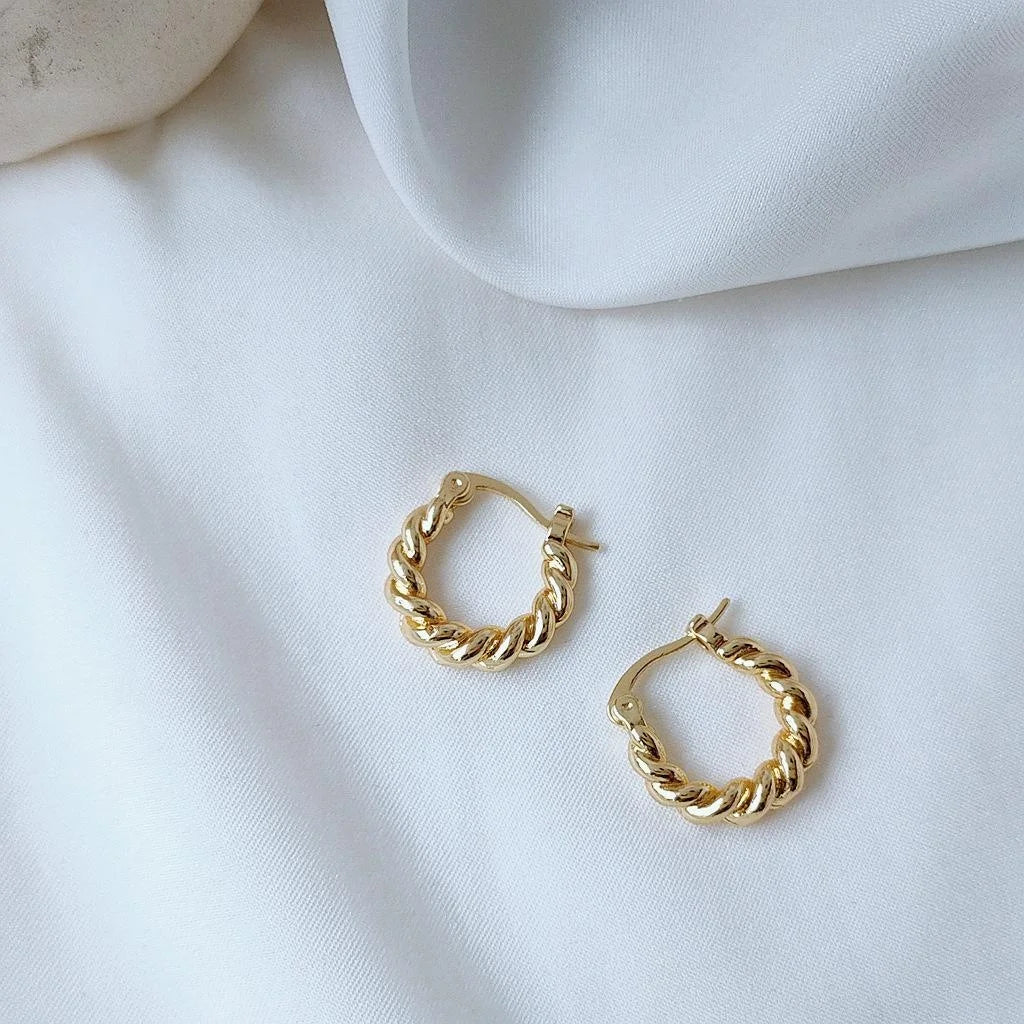14K Gold Plated Copper Twisted Hoop Earrings Korean Style Small Versatile Jewelry For Women