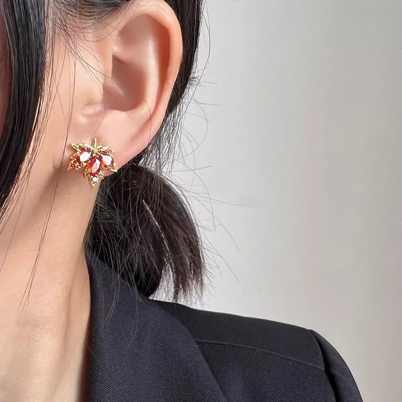 Luxury Vintage Red Zircon Maple Leaf Alloy Stud & Clip On No Piercing Elegant Statement Earrings