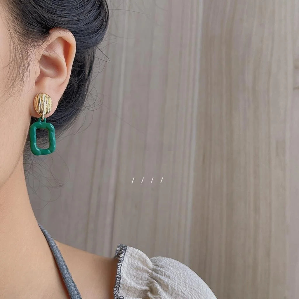 French Vintage Copper Hollow Enamel Geometric Square Stud Earrings With Ring Line Design