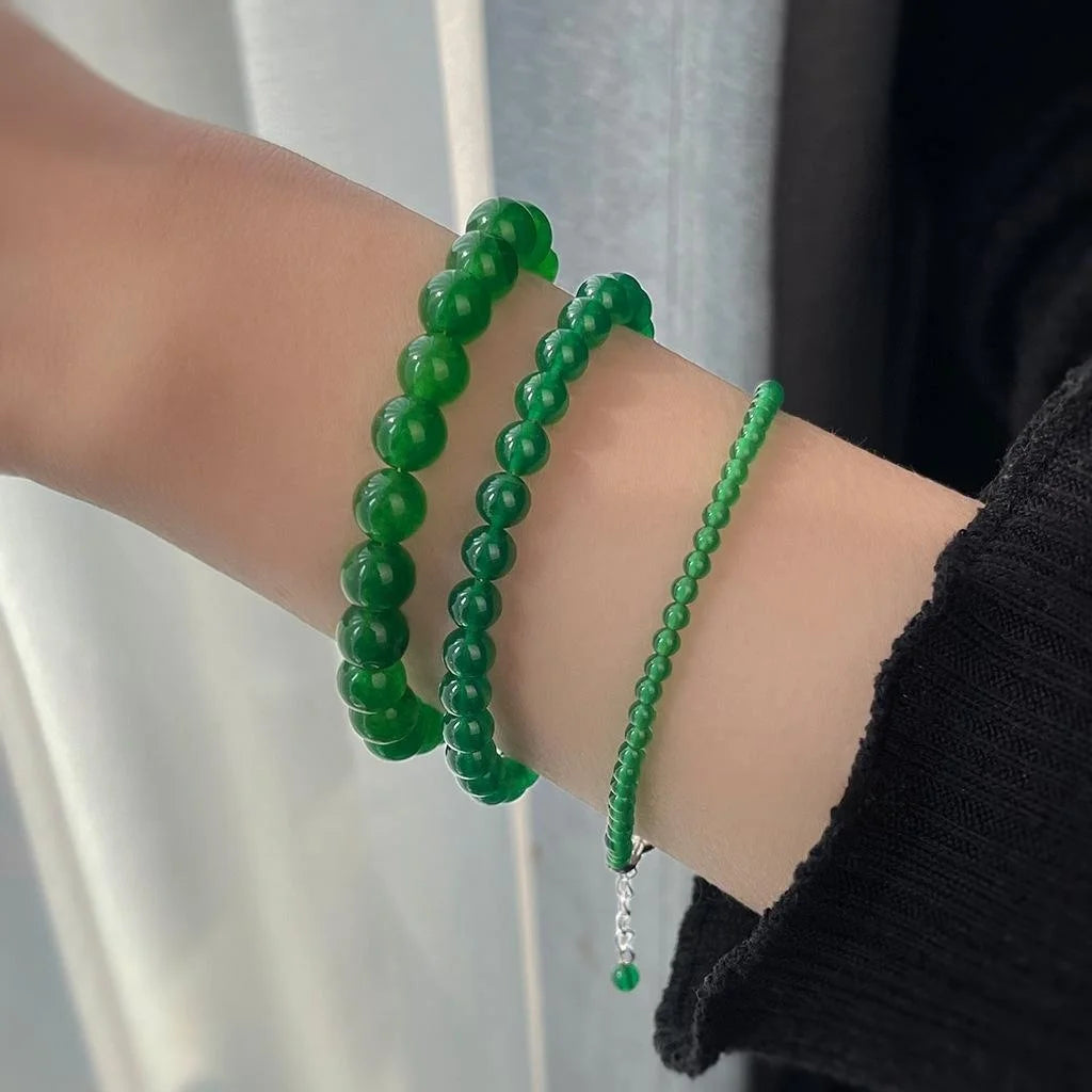 Natural Green Chalcedony Beaded Bracelet New Chinese Geometric Round Vintage Jewelry
